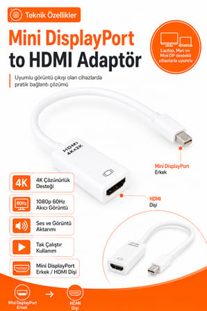Mini DisplayPort HDMI Adaptör Çevirici 4K 1080p 60Hz Laptop Mac Monitör TV Projektör Uyumlu