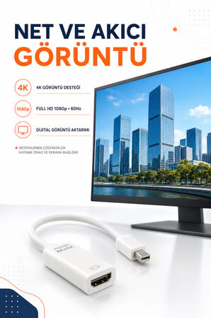 Mini DisplayPort HDMI Adaptör Çevirici 4K 1080p 60Hz Laptop Mac Monitör TV Projektör Uyumlu