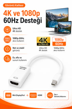 Mini DisplayPort HDMI Adaptör Çevirici 4K 1080p 60Hz Laptop Mac Monitör TV Projektör Uyumlu