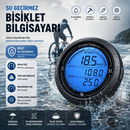 Bisiklet Bilgisayarı KM Saati Hız ve Mesafe Ölçer Su Geçirmez Ledli LCD Ekranlı Kablolu