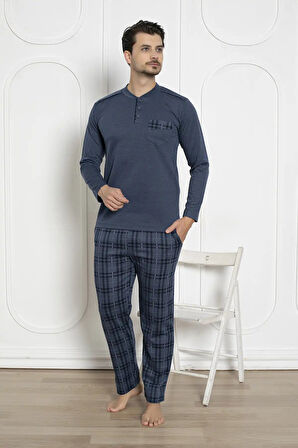Erkek Ekose Desenli Likralı Pamuk Uzun Kol Kışlık İnterlok Göğüs Cepli Pijama Takımı 