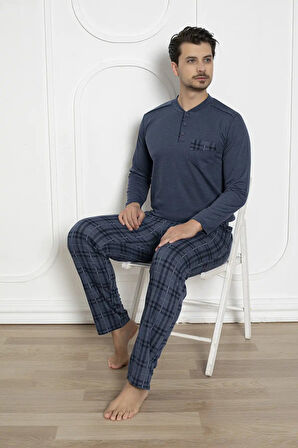 Erkek Ekose Desenli Likralı Pamuk Uzun Kol Kışlık İnterlok Göğüs Cepli Pijama Takımı 
