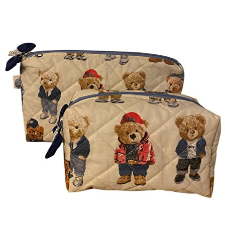 Uretti - Petek 7523  El Yapımı Teddy Bear Temalı 2'li Bakım / Portföy Çantası Seti