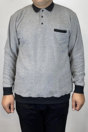 Erkek Polo Yaka Cepli Büyük Beden Battal Selanik Örgü Buz Gri Sweatshirt Bir Beden Küçük Önerilir