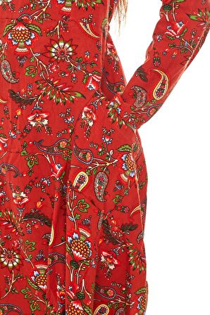 Uzun Kol Velvetin Bordo Desenli Uzun Elbise