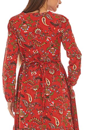 Uzun Kol Velvetin Bordo Desenli Uzun Elbise