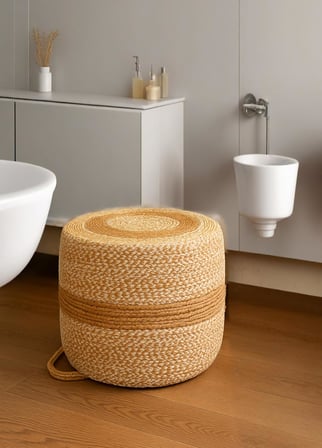 NatureLine Jüt PUF Salon Pufu Antre Puf Makyaj Masası ve Yatak Odası Banyo Puf Teras Veranda ve Balkon Uyumlu Hasır Dekoratif Dayanıklı ve Çok Amaçlı Puff (HASIR-BEYAZKIRÇIL)
