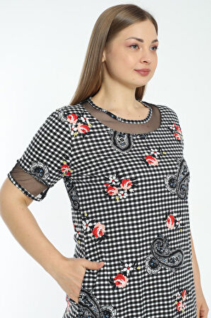 Desenli Cepli Tül Detaylı Kısa Kollu Büyük Beden Elbise