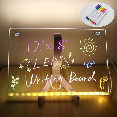LED Işıklı Akrilik Yazı Tahtası – 20x20 cm Şeffaf Masaüstü Not Panosu, USB Bağlantılı, 7 Renkli Kalem ve Stand Dahil, Çocuklar İçin Eğlenceli Yazı Tahtası, Masa Dekoratif Ledli Işık Panosu (20x30 Cm)