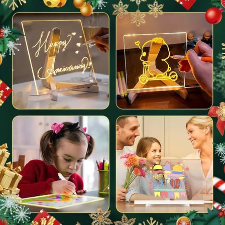 LED Işıklı Akrilik Yazı Tahtası – 20x20 cm Şeffaf Masaüstü Not Panosu, USB Bağlantılı, 7 Renkli Kalem ve Stand Dahil, Çocuklar İçin Eğlenceli Yazı Tahtası, Masa Dekoratif Ledli Işık Panosu (20x30 Cm)
