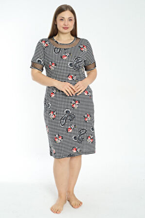 Desenli Cepli Tül Detaylı Kısa Kollu Büyük Beden Elbise