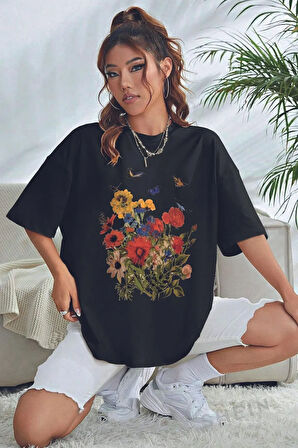 Unisex Pamuklu Butterfly Flowers Ön Baskılı Tasarım Tshirt