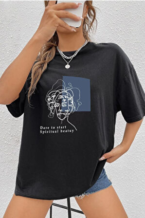 Unisex Minimal Line Drawing Baskılı Kısa Kol T-shirt