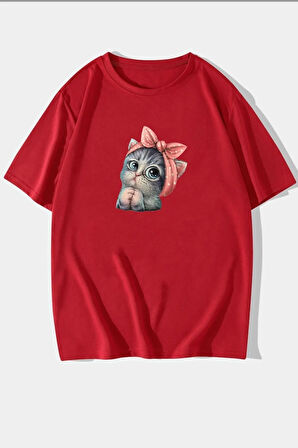 Unisex Sevimli Kedi Tasarım Kısa Kol T-shirt