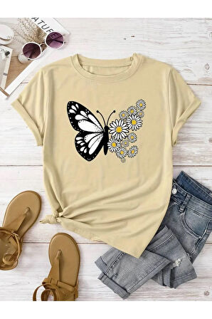 Kadın Pamuklu Ön Baskılı Papatya Kelebek Tasarım Tshirt