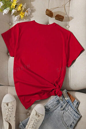 Unisex Pamuklu Ön Baskılı Papatya Kelebek Baskılı Kısa Kol T-shirt