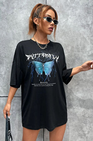 Unisex Blue Butterfly Baskılı Kısa Kol T-shirt