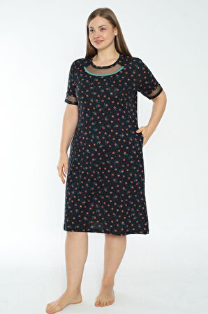 Desenli Kısa Kollu Tül Detaylı Büyük Beden Bamuklu Elbise