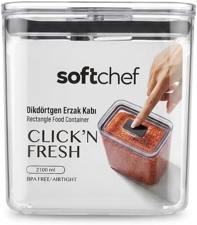 Softchef Click'n Fresh Hava Geçirmez Dikdörtgen Plastik Erzak Kabı 2100 ml - Vakumlu Tek Tuş Kapaklı Şeffaf Plastik Bakliyat, Un ve Şeker Saklama Kabı, BPA İçermez (10,5x16x17cm)