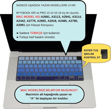 MacBook Türkçe Q Klavye Koruyucu M1-M5 | A2681 A3113 A3240 A3449 A2442 A3426 A3434 A2485 A3429 | Air 13.6-15.3 Pro 14-16 Neo 13 | Silikon Keyboard Cover Touch ID Lacivert Mavi