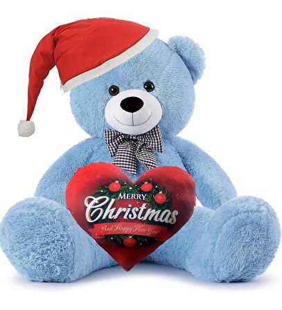  Yeni Yıla Özel : Elinde Baskılı Kalbi Ve Noel Şapkalı 90 cm Papyonlu Peluş Ayıcık - Yeni Yıl Temalı 
