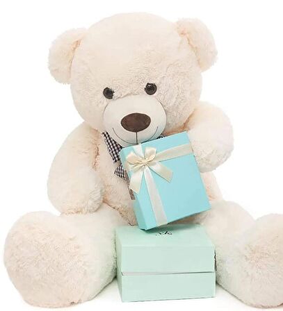  Yeni Yıla Özel : Elinde Baskılı Kalbi Ve Noel Şapkalı 90 cm Papyonlu Peluş Ayıcık - Yeni Yıl Temalı 