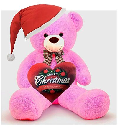  Yeni Yıla Özel : Elinde Baskılı Kalbi Ve Noel Şapkalı 90 cm Papyonlu Peluş Ayıcık - Yeni Yıl Temalı 