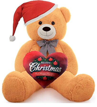  Yeni Yıla Özel : Elinde Baskılı Kalbi Ve Noel Şapkalı 90 cm Papyonlu Peluş Ayıcık - Yeni Yıl Temalı 