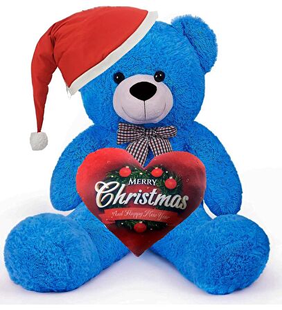  Yeni Yıla Özel : Elinde Baskılı Kalbi Ve Noel Şapkalı 90 cm Papyonlu Peluş Ayıcık - Yeni Yıl Temalı 