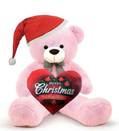  Yeni Yıla Özel : Elinde Baskılı Kalbi Ve Noel Şapkalı 90 cm Papyonlu Peluş Ayıcık - Yeni Yıl Temalı 