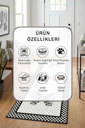Dekoratif Siyah Beyaz Yıkanabilir Yolluk Halı Kaymaz Taban Salon Mutfak Beyaz Siyah