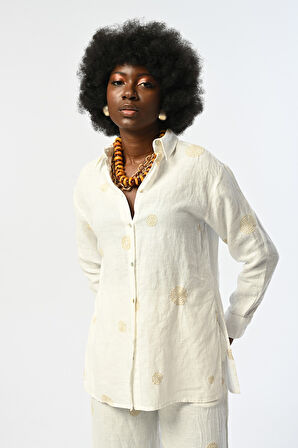 KADIN DESENLİ EKRU RENK %100 KETEN GÖMLEK