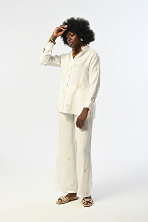 KADIN DESENLİ EKRU RENK %100 KETEN GÖMLEK