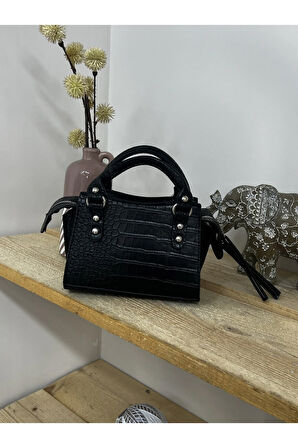 Kadın Kroko Suni Deri Mini El Omuz Çantası Siyah