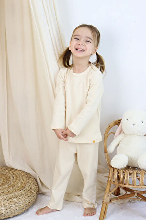 Basic Fitilli İnterlok Kumaş %100 Pamuk 1-5 Yaş Vizon Bebek Pijama Takımı