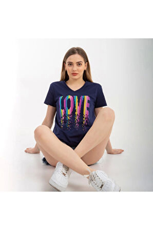 Kadın Lacivert Love Baskılı V Yaka Tshirt Regular Fıt