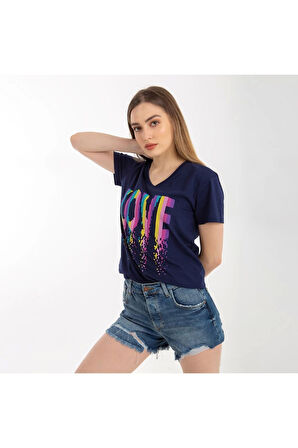 Kadın Lacivert Love Baskılı V Yaka Tshirt Regular Fıt