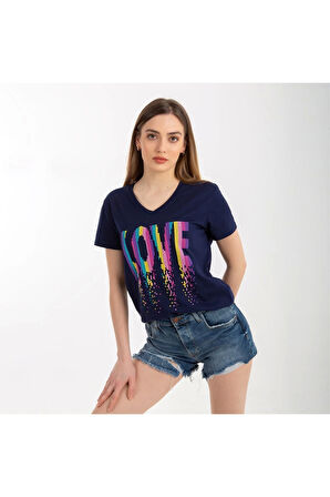 Kadın Lacivert Love Baskılı V Yaka Tshirt Regular Fıt