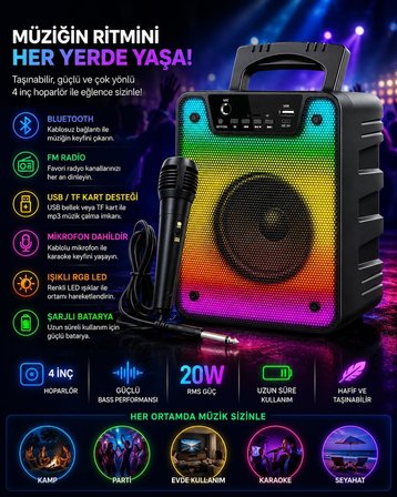 20W RMS Güçlü Bluetooth Parti Hoparlörü - 4 İnç RGB Işıklı - Kablolu Mikrofonlu Karaoke Seti Mikrofon Dahil - FM Radyo, USB ve TF Kart Destekli Ses Bombası