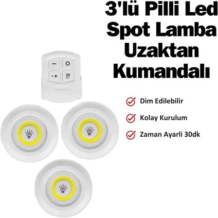 Uzaktan Kumandalı 3'lü LED Lamba Seti Beyaz Işık - Dolap Altı, Kiler, Mutfak ve Kablosuz Aydınlatma için Spot Lamba