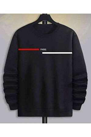 Erkek Siyah Paris Baskılı Yazılı Bisiklet Yaka Sweatshirt