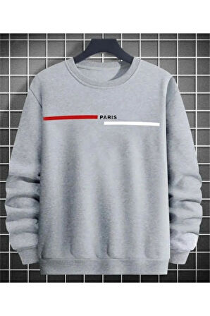 Erkek Gri  Paris Baskılı Yazılı Bisiklet Yaka Sweatshirt