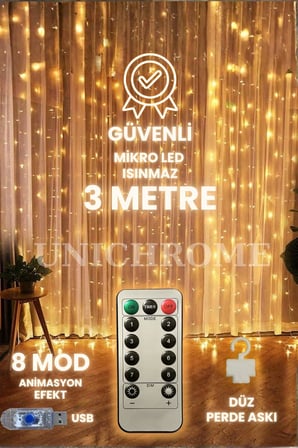 Zauss Kumandalı 8 Ayrı Moda Sahip 3mx3m (300 Cm X 300 Cm) Perde Led 10 Saçaklı Gün Işığı