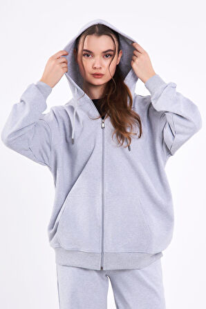 Gri Kanguru Cepli Kapüşonlu Fermuarlı Oversize Kadın Sweatshirt