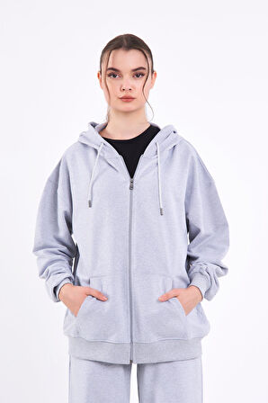 Gri Kanguru Cepli Kapüşonlu Fermuarlı Oversize Kadın Sweatshirt