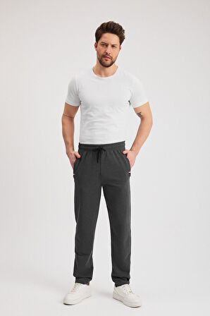 Antrasit Erkek Fermuarlı Cepli Nakış Detaylı Düz Paça Rahat Kesim Günlük Eşofman Altı