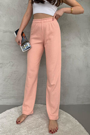 Kadın Yavruağzı Yüksek Bel Fitilli Bol Paça Günlük İnce Eşofman Altı