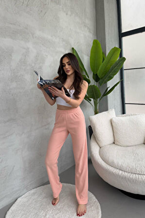 Kadın Yavruağzı Yüksek Bel Fitilli Bol Paça Günlük İnce Eşofman Altı