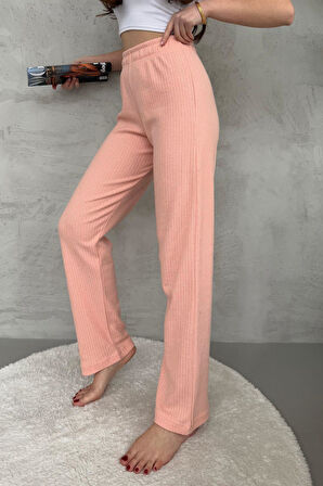 Kadın Yavruağzı Yüksek Bel Fitilli Bol Paça Günlük İnce Eşofman Altı