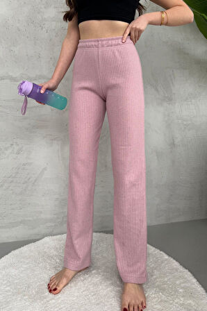 Kadın Gül Kurusu Yüksek Bel Fitilli Bol Paça Günlük İnce Eşofman Altı